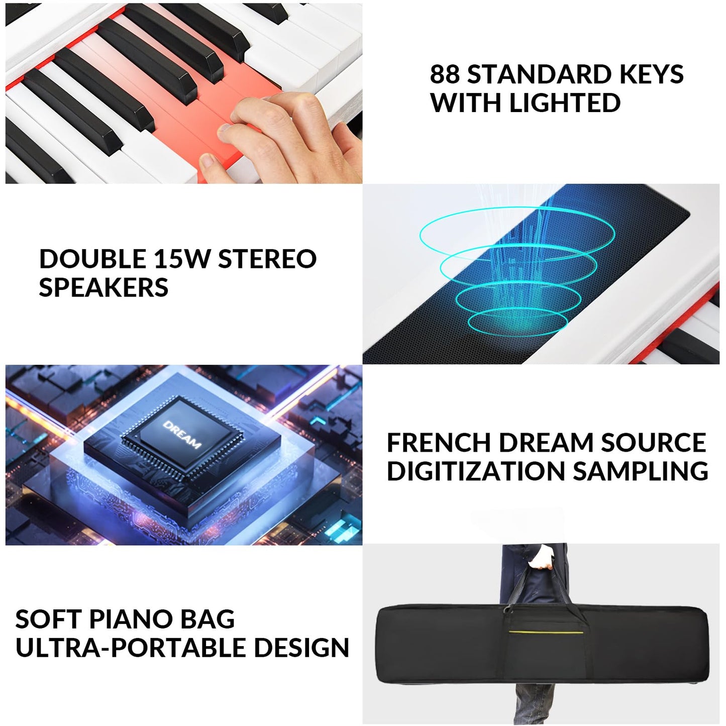 MSTNE Digital Piano 88 Key Semi Weighted Keyboard, Piano Keyboard 88 Key for Beginners with Lighted Up Keys, Portable Electric Piano with Adjustable Stand,Carrying Case,Sustain Pedal,Headphone (White)
