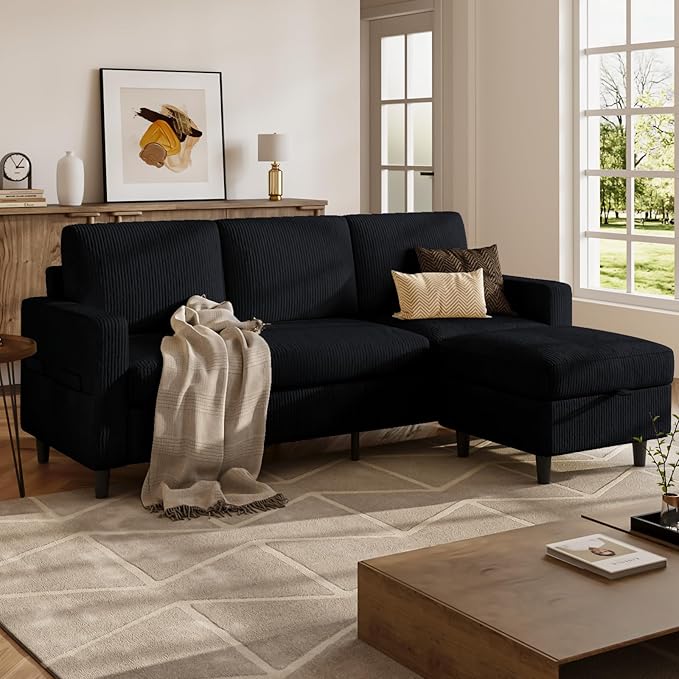 POYISOU Sectional Couches for Living Room, L Shaped Couch with Storage Ottoman, Small Sofa Corduroy Couch with Side Pockets, Modern 3 Seater Convertible Sofa for Apartment, Office, Black