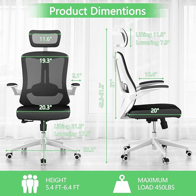 balmstar Office Chair,Ergonomic Comfy Home Desk Chair with 350LBS Capacity,High Back Gaming Chair with Wheels,Mesh Computer Chair,Lumbar Support, Adjustable Headrest,Flip-up Armrest (B-Black + White)