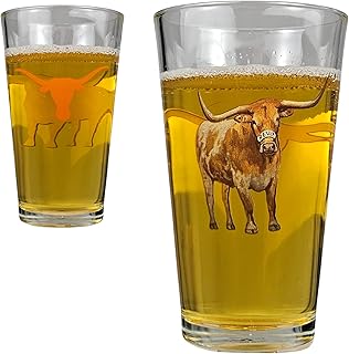 Valiant Gifts University of Texas 16 oz Pint Glass Drinkware - Unique Mascot Artwork Screened with College Logo on Back - ...