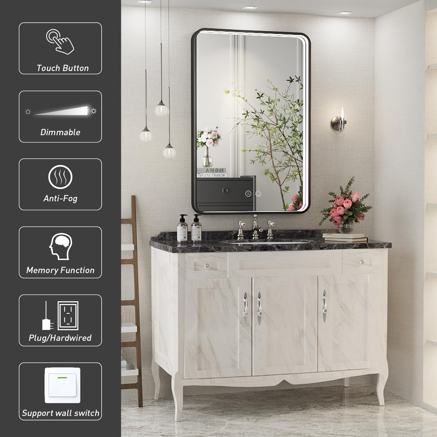 FTOTI 36x24 Inch LED Bathroom Mirror with Lights, Black Metal Frame Mirror, Wall Mounted Lighted Vanity Mirrors for Wall, Anti Fog Dimmable Led Mirror for Makeup