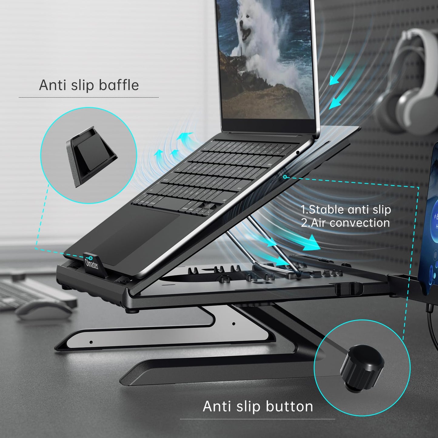 OImaster Laptop Stand for Desk, Muti-Angle Adjustable Portable Foldable with Heat-Vent, Ergonomic Laptop Stand Riser Compatible with MacBook, Air, Pro, Surface Laptop (9-15.6 inches) (Black)