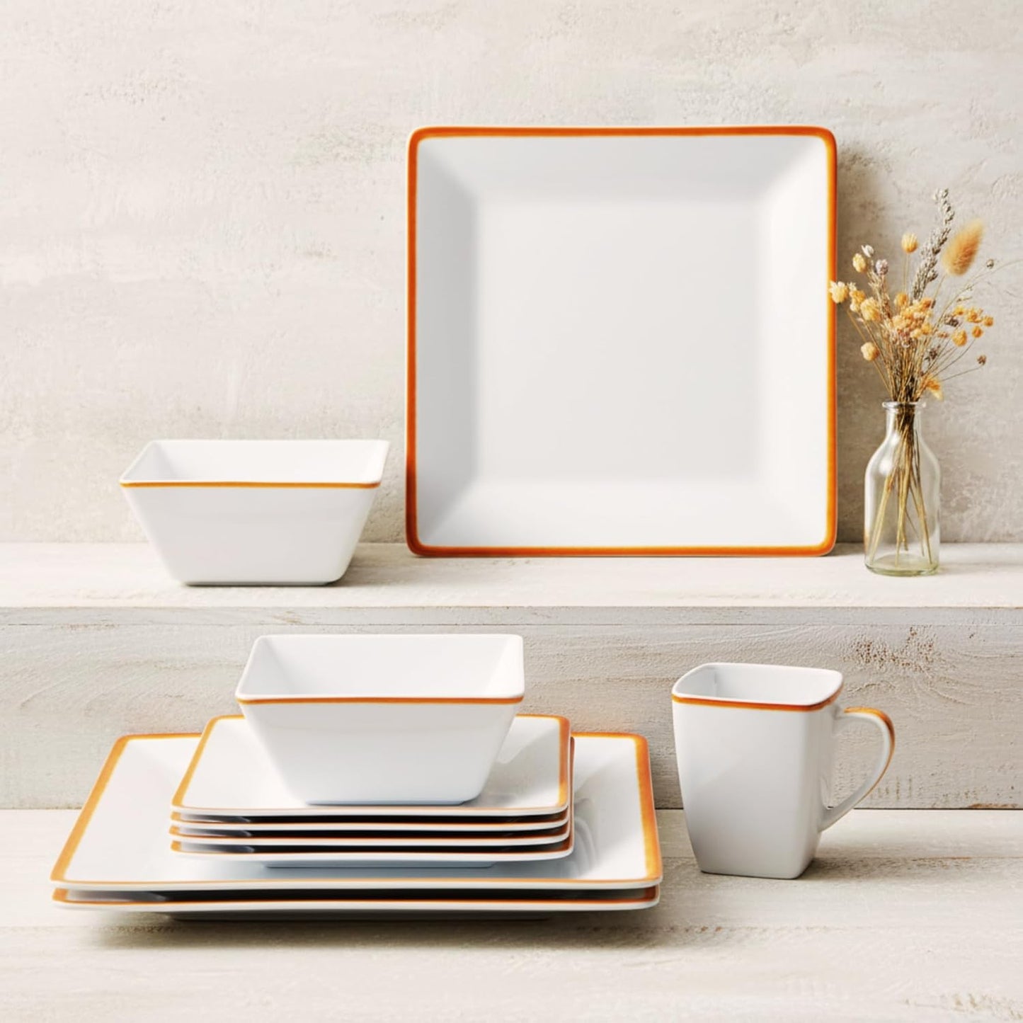 TP 12-Piece Dinnerware Set, Melamine Dishes Set with Bowls and Plates, Non-breakable and Lightweight Square Dinner Set for 4, White with Rim