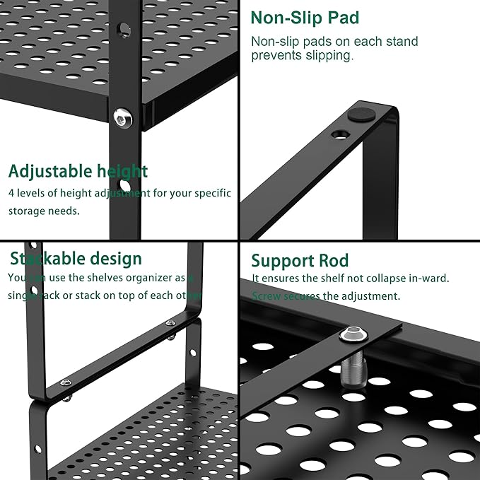 Redrubbit Expandable Cabinet Storage Shelf, Adjustable Height Steel Metal Kitchen Counter Organizers Shelves Spice Rack for Kitchen Pantry Bathroom Cupboard Desk Home Office, Black-3 Pack
