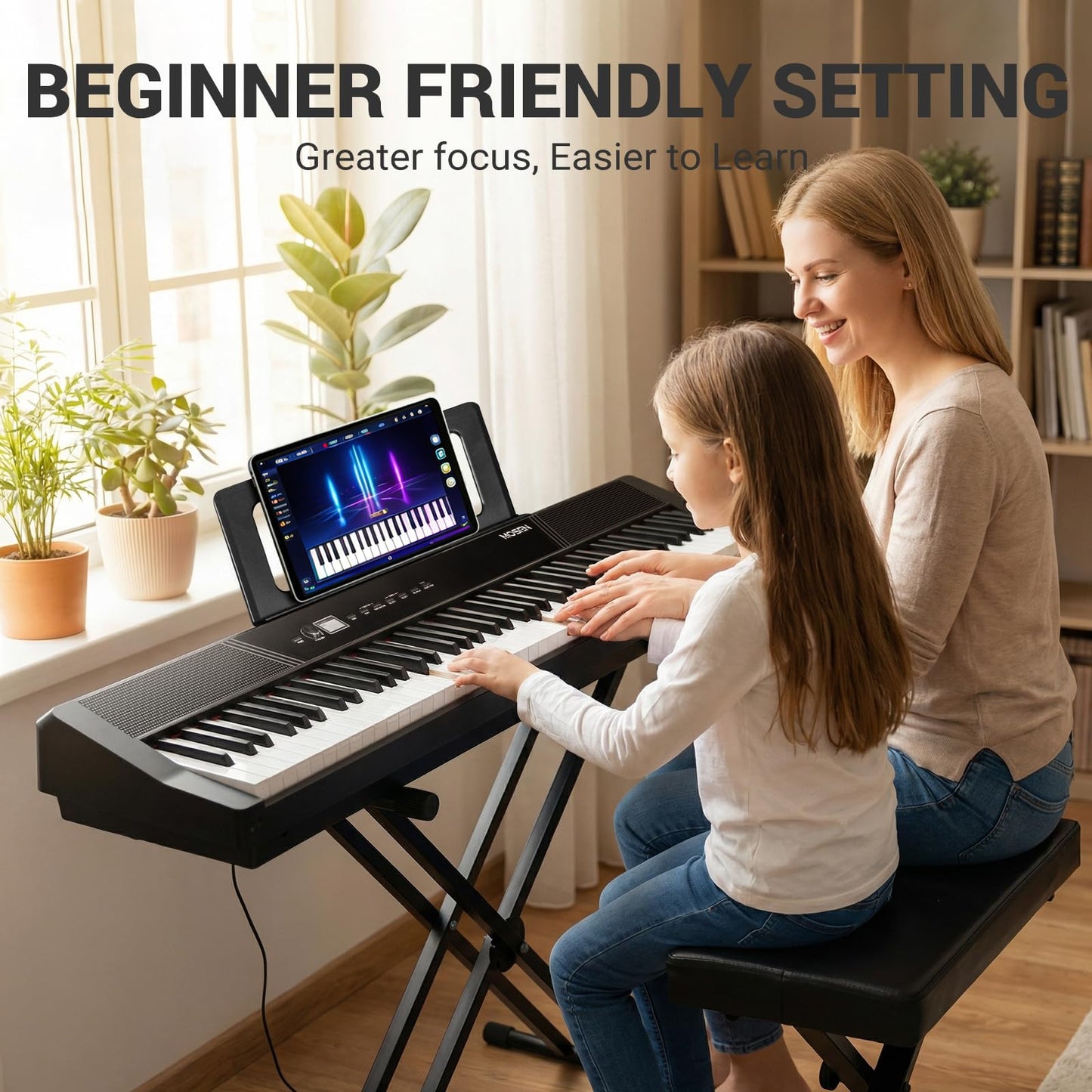 MOSEN Beginner Digital Piano 88 Keys Weighted, Portable Electric Piano Set with Full Size Keyboard, Triple Sustain Pedal, Stable Dual X Stand, USB-MIDI, Keyboard Stickers, for Beginners Adults