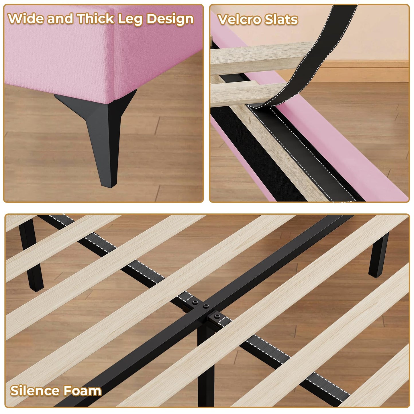 ADORNEVE Twin Size Upholstered LED Bed Frame, Girls Bed with Adjustable Crystal Button Headboard, Velvet Princess Platform Bed for Girls, Solid Wooden Slats, Easy Assembly, Pink