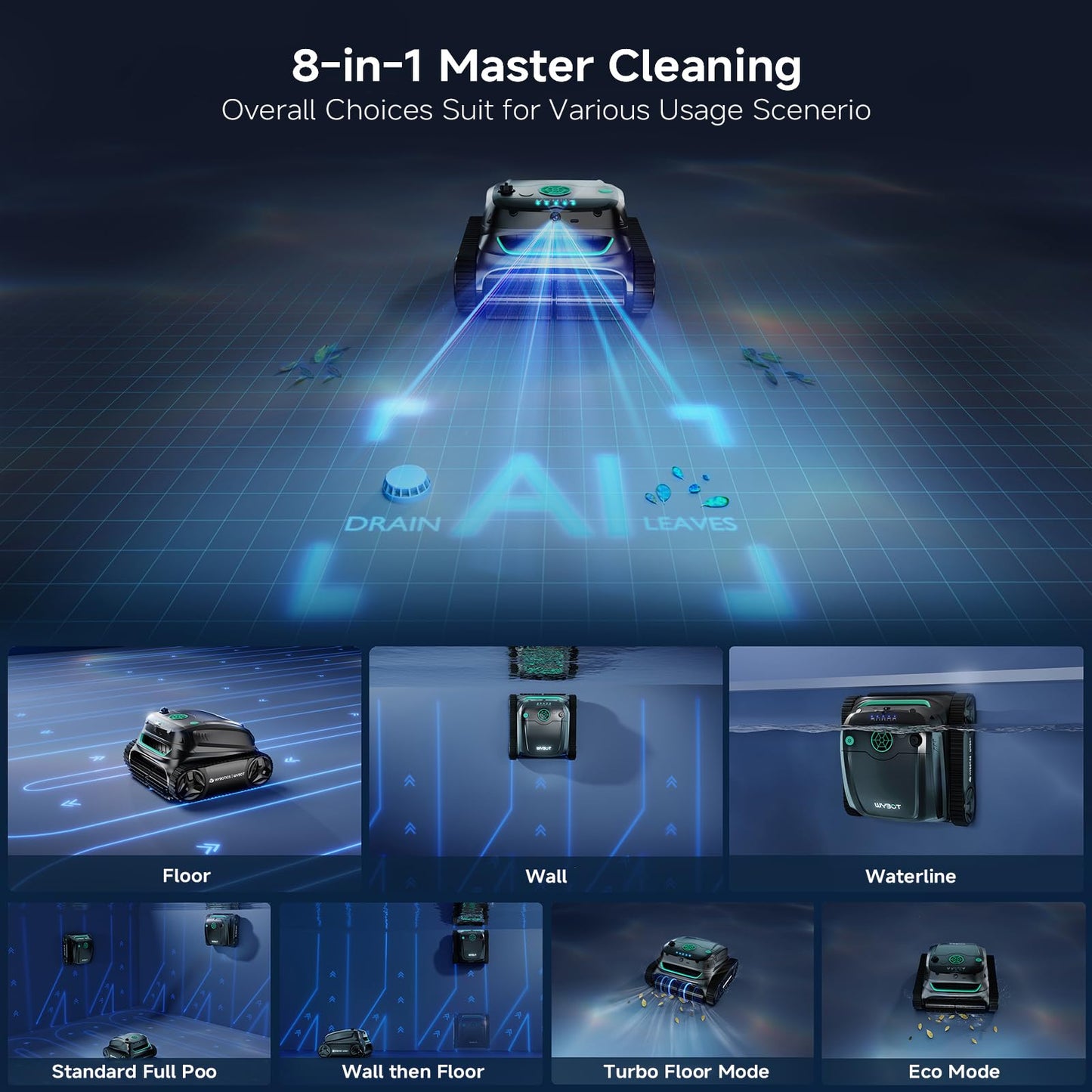 WYBOT S2 Vision AI Camera Cordless Pool Cleaners for Inground Pools, 8-in-1 Pool Vacuum Robot, Brushless Motor Powerful Suction, Wall Climbing, Horizontal Waterline Scrubbing (Grey Green)