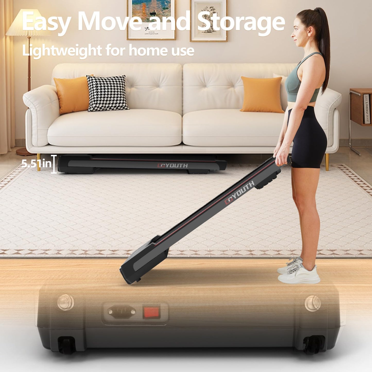 GOYOUTH Under Desk Treadmill, Medium Walking Pad for Home & Office, 12 HIIT Programs, Installation-Free, 300 lbs Capacity, 2.25HP
