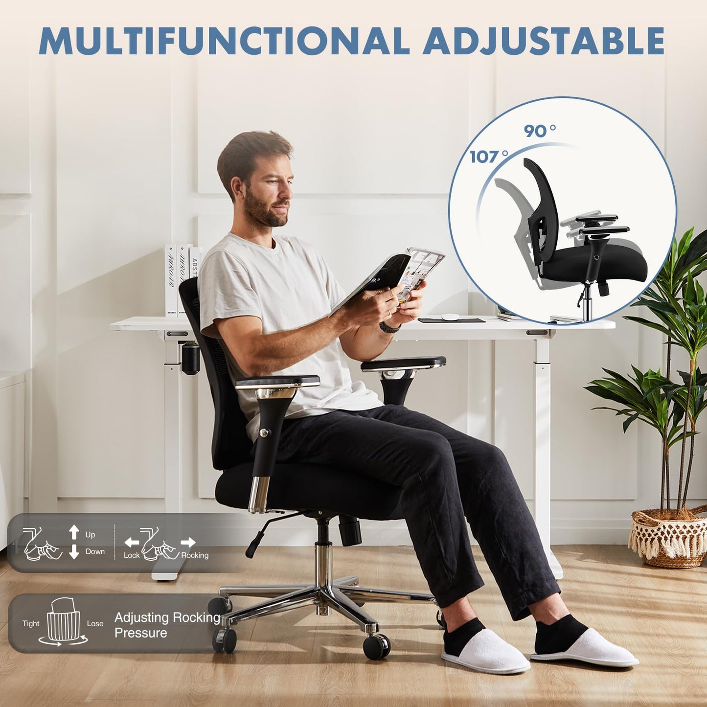DUMOS Big and Tall Office Desk Chair with Lumbar Support, 500lbs Heavy Duty Mesh Ergonomic Computer Chair with 4D Armrest and Wide Comfy Seat, Swivel Wheels for Adult, Black