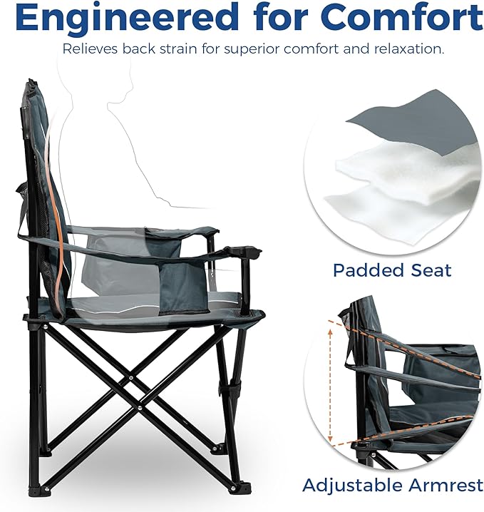 Matrasco Oversized Padded Camping Chair, Heavy-Duty Steel Frame for 450 lbs Supports, Convenient 6-Can Cooler, Portable Carry Bag, Perfect for Outdoor, Beach, and Hiking (Gray & Black)