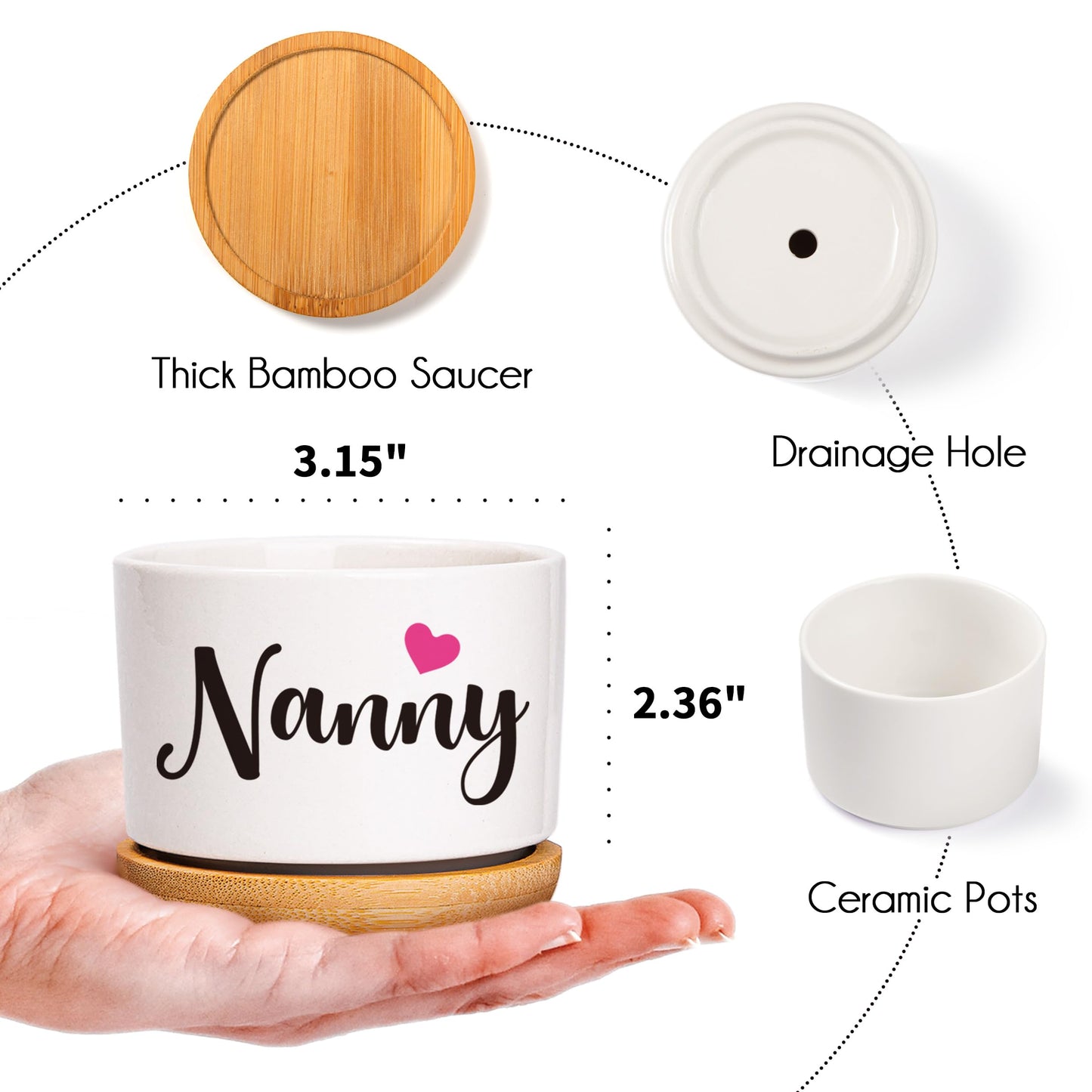 AceThrills Nanny Gifts for Birthday, for Nanny from Grandkids, Unique Present on Thanksgiving Christmas - 3 Pcs 3.15" Succulent Pots with Bamboo Tray