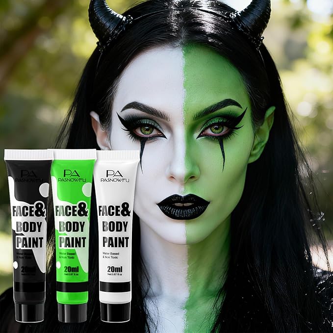 Black White Light Green Face Body Paint - Water-Based Non-Toxic Makeup Kit for Shrek Monster, Full Coverage Washable face Painting for Halloween Cosplay, Costume Parties, Stage Performances