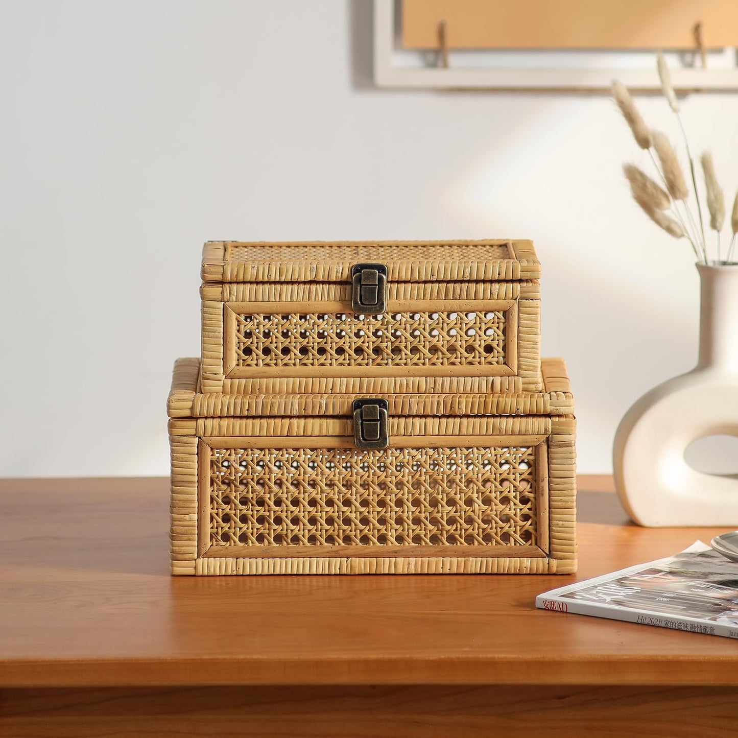 HuiDao Rattan Decorative Box, Boho Display Boxes with Lids, Set of 2 Rectangular Wicker Storage Basket, Natural Woven Cane Bins for Home Decor (Rectangular)
