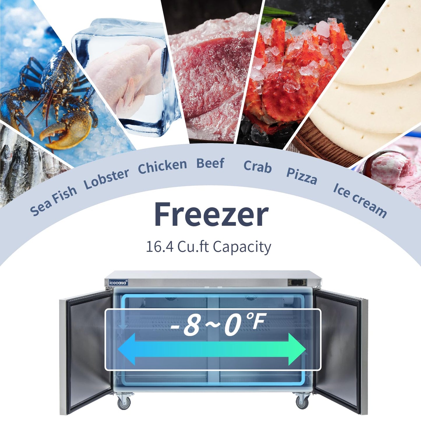 ICECASA 60" W Commercial Freezer Worktop Undercounter Double Door Stainless Steel Counter Fan Cooling Freezer 16.4 Cu.ft for Restaurant, Bar, Shop, etc