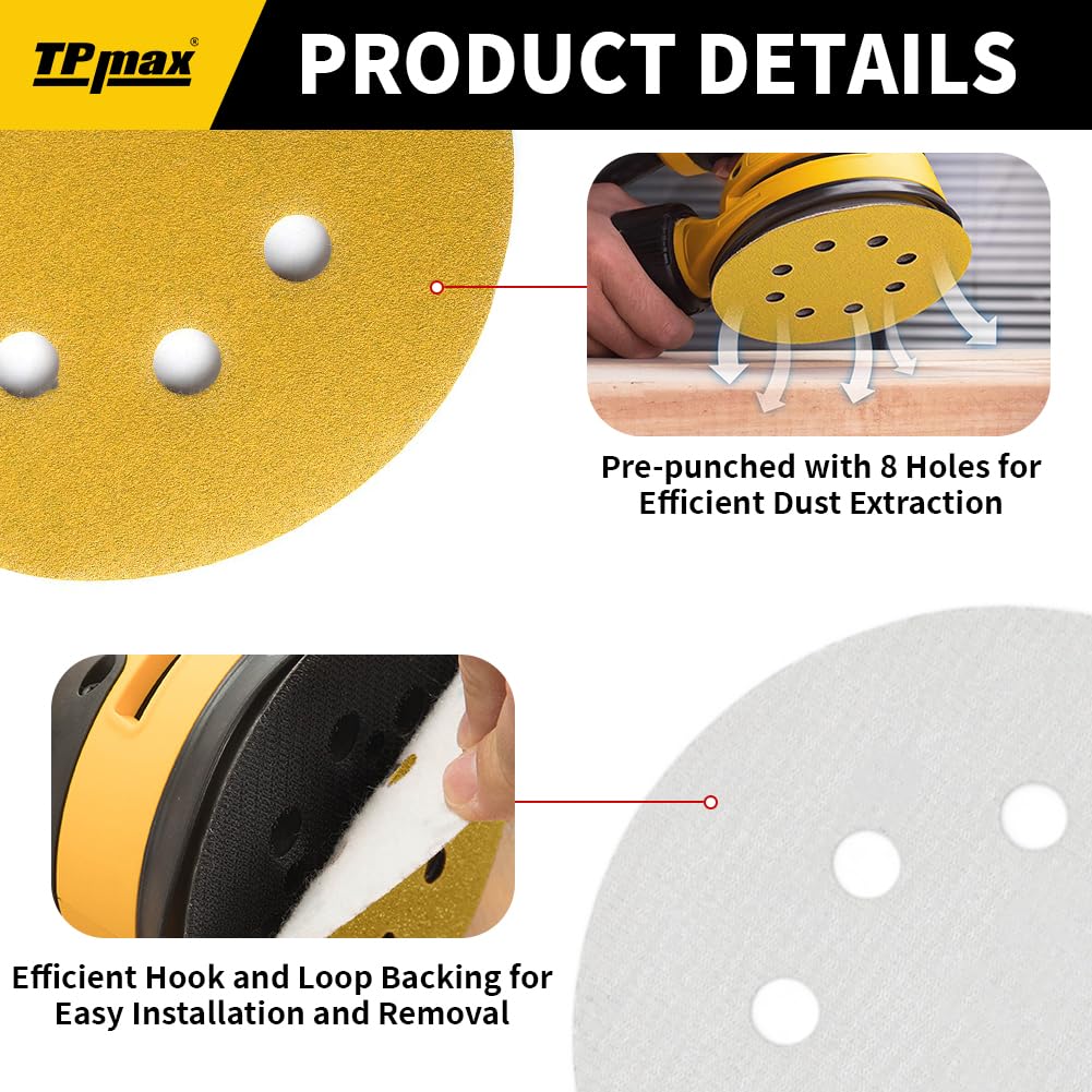 100PCS 5 Inch 220 Grit 125mm 8 Hole Sanding Discs Sandpaper - Premium Gold Round Hook and Loop for Random Orbital Sander - Ideal for Wood, Metal, Automotive