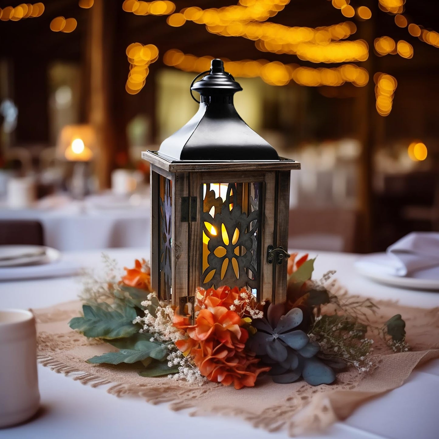 Homemory Rustic Christmas Farmhouse Lantern Decor, Wood & Metal 16'' Candle Lantern Hanging Candle Holders for Outdoor Indoor Home Living Room Patio Porch Table (Wood)