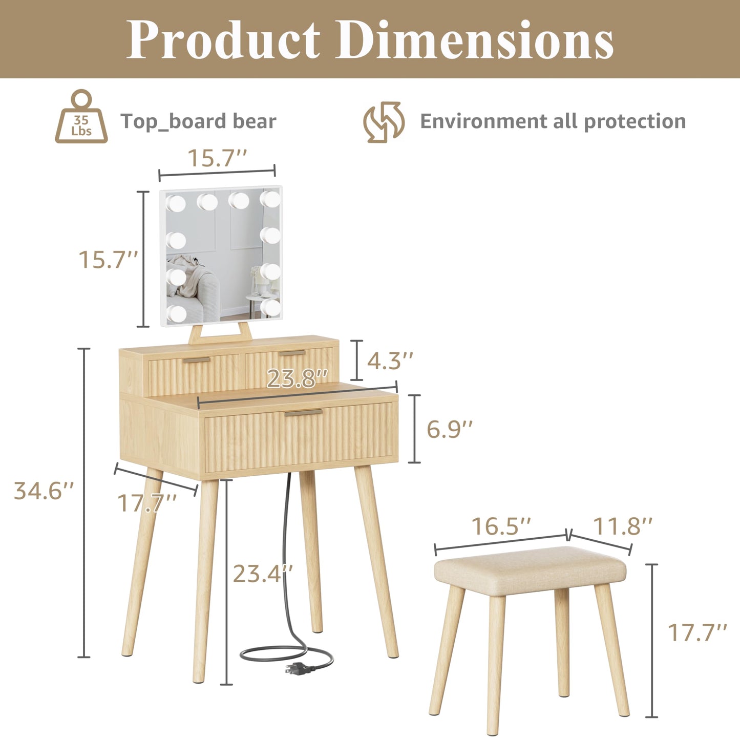 BOLUO Small Vanity Desk with Hollywood Mirror and Lights, Girls Vanity with Stool, Fluted Vanity Set, Compact Make Up Table with Drawers and Outlet Bedroom