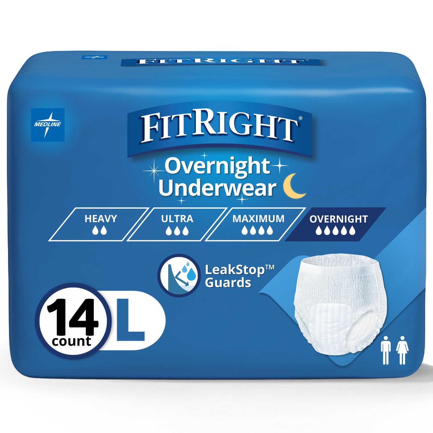 FitRight Overnight Unisex Large Underwear, (40-56 in Waist) 14 Count, Maximum All Night Disposable Incontinence Protection, Pull-On Absorbent Underwear for Men and Women, 1 Bag