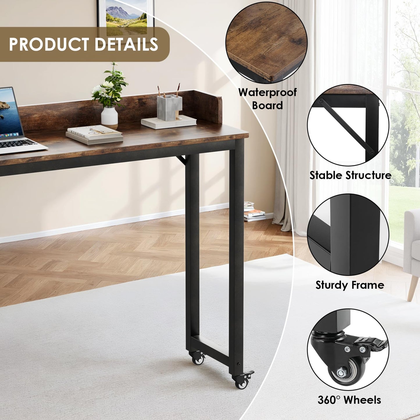 Clevich Overbed Table with Wheels, Queen Full Size Mobile Computer Desk, Standing Laptop Cart, Over Bed Table with Heavy Duty Metal Leg, for Bedroom 16" D x 71" W x 41" H (Brown)