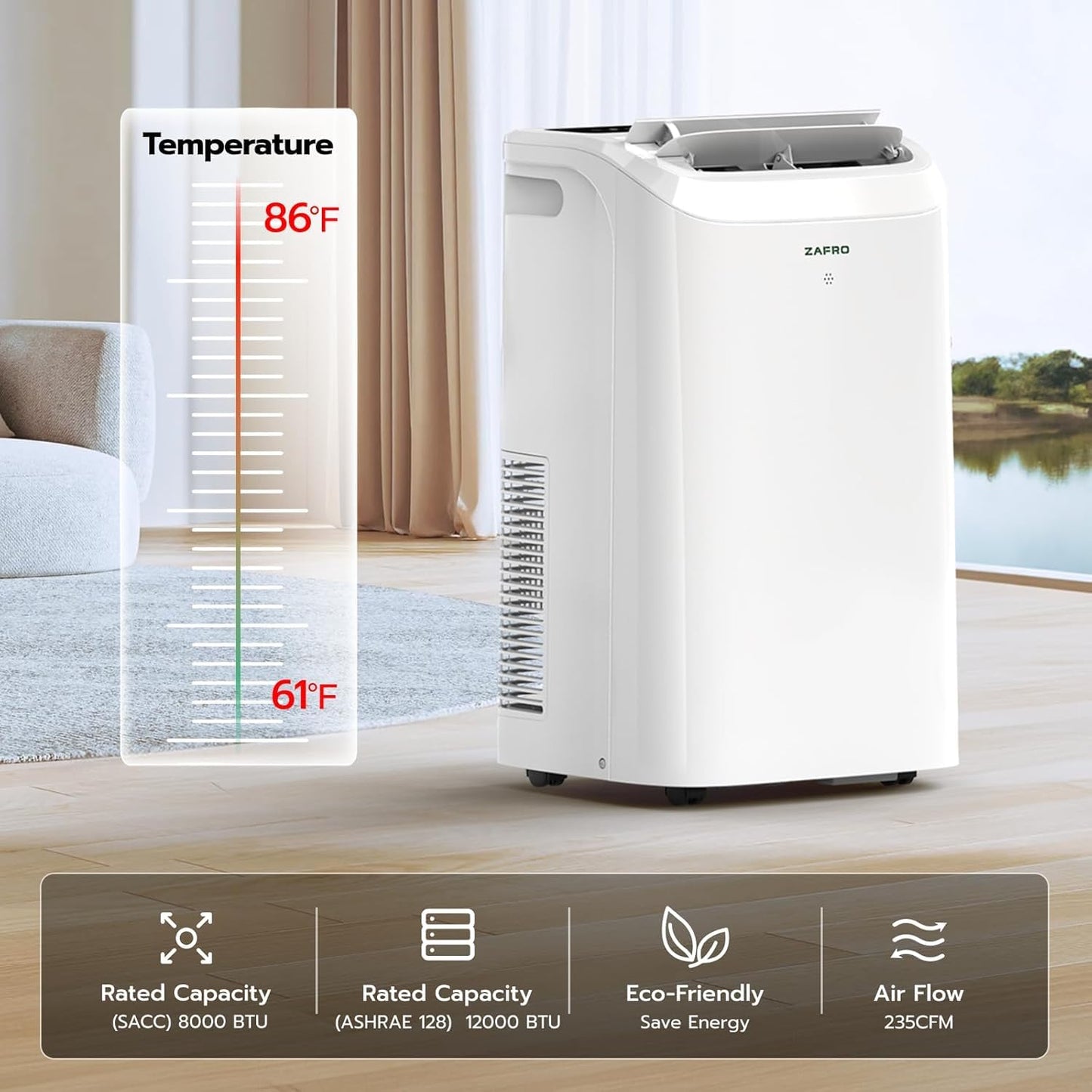 ZAFRO Portable Air Conditioners,12050 BTU (8050 BTU SACC) Smart Portable AC with Ultra-Quiet(44dB)/Drainage-free Cooling, Voice/APP/Remote, Easy Installation for Room Indoors