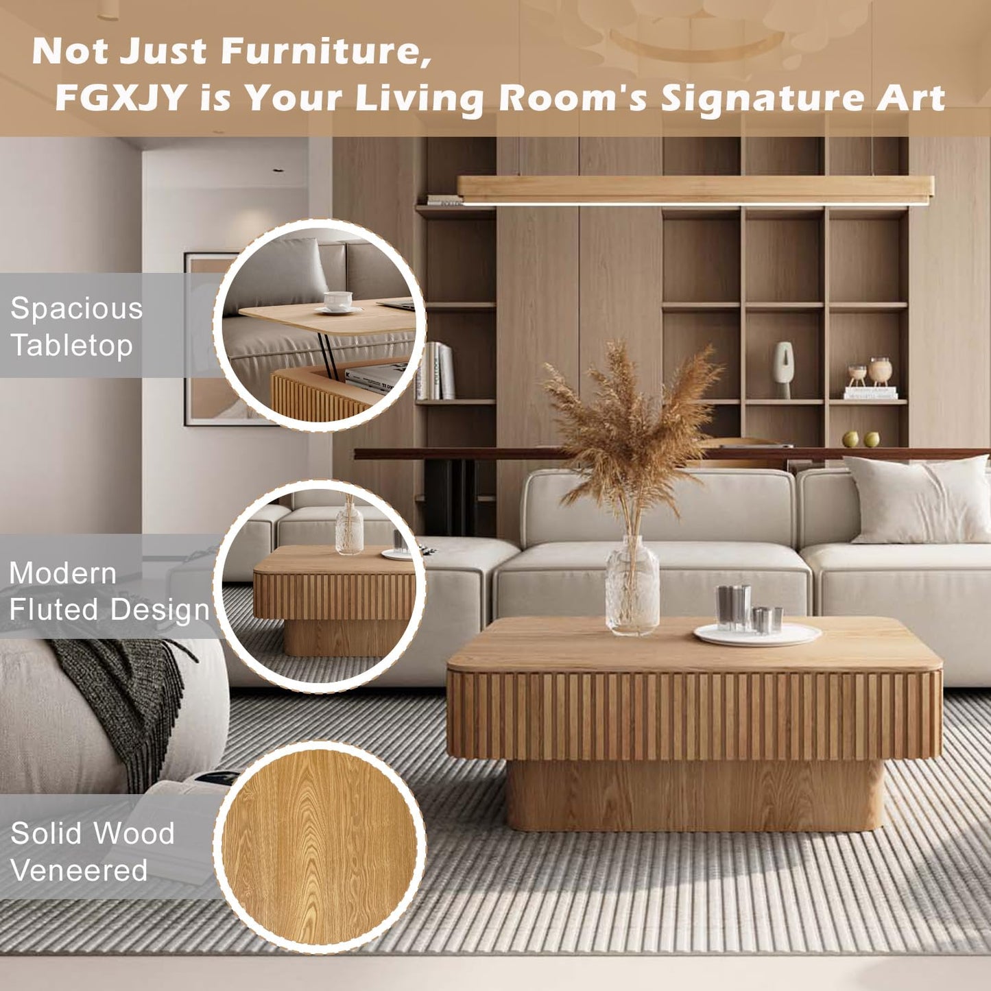 FGXJY Lift Top Coffee Table with Storage, Solid Wood Coffee Table with Adjustable Height, Fluted Center Table Accent Tea Table for Living Room, Apartment, Office (38.6" Natuall)
