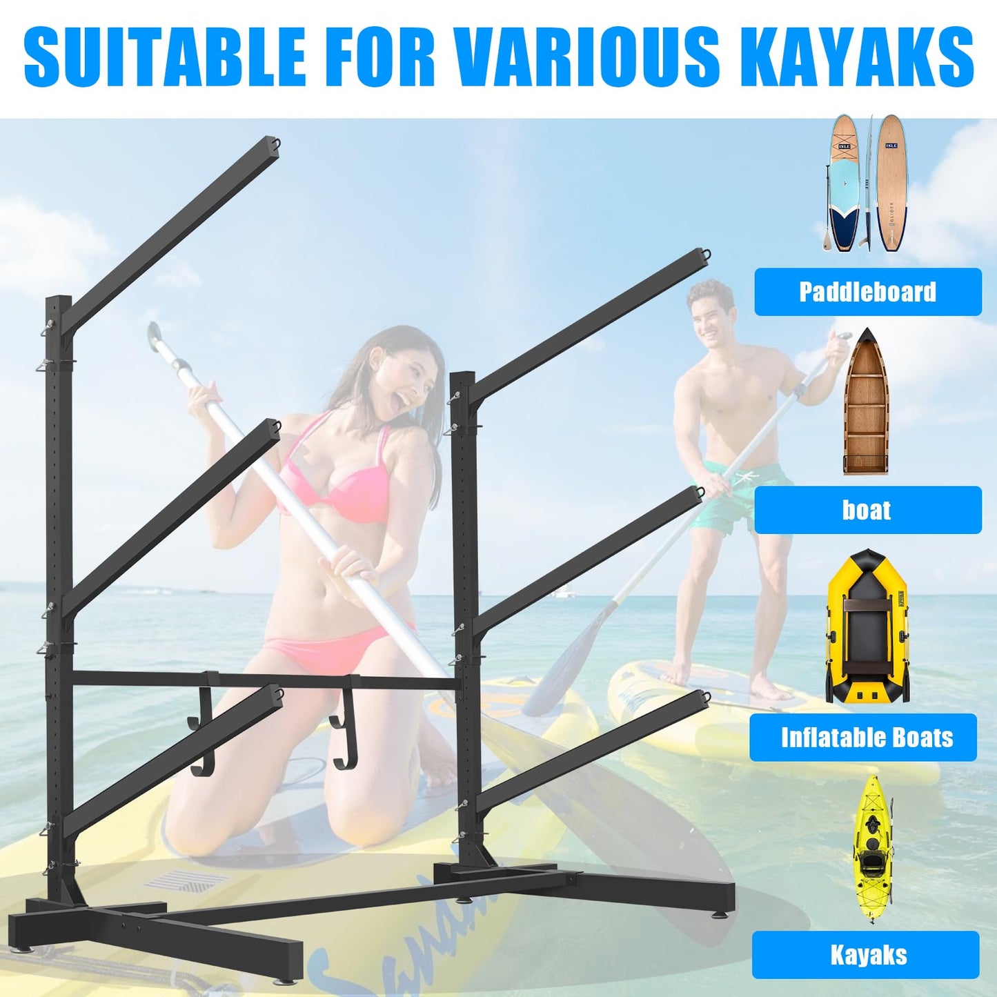 Kayak Storage Rack with Paddle Hooks, SUP Outdoor Storage Rack Heavy Duty Adjustable Weatherproof Freestanding Racks for Garage, Storage Rack for Kayak, Canoe, Surfboard (3 Levels for 3 Kayaks)