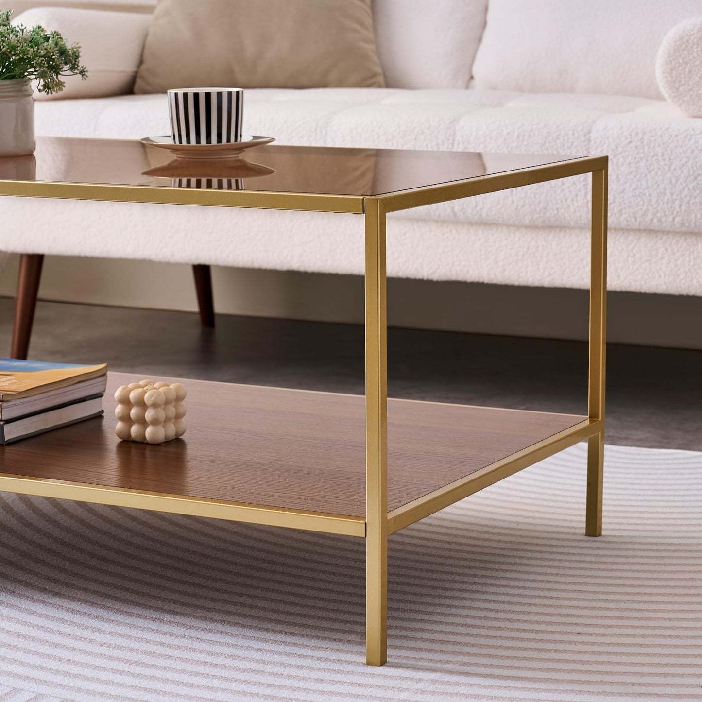 LumFurn Glass Coffee Table for Living Room and Bedroom, 2-Tier Mid-Century Modern Table with Amber Tempered Glass Top and Walnut Finish Wood Shelf, Metal Legs with Gold Finish