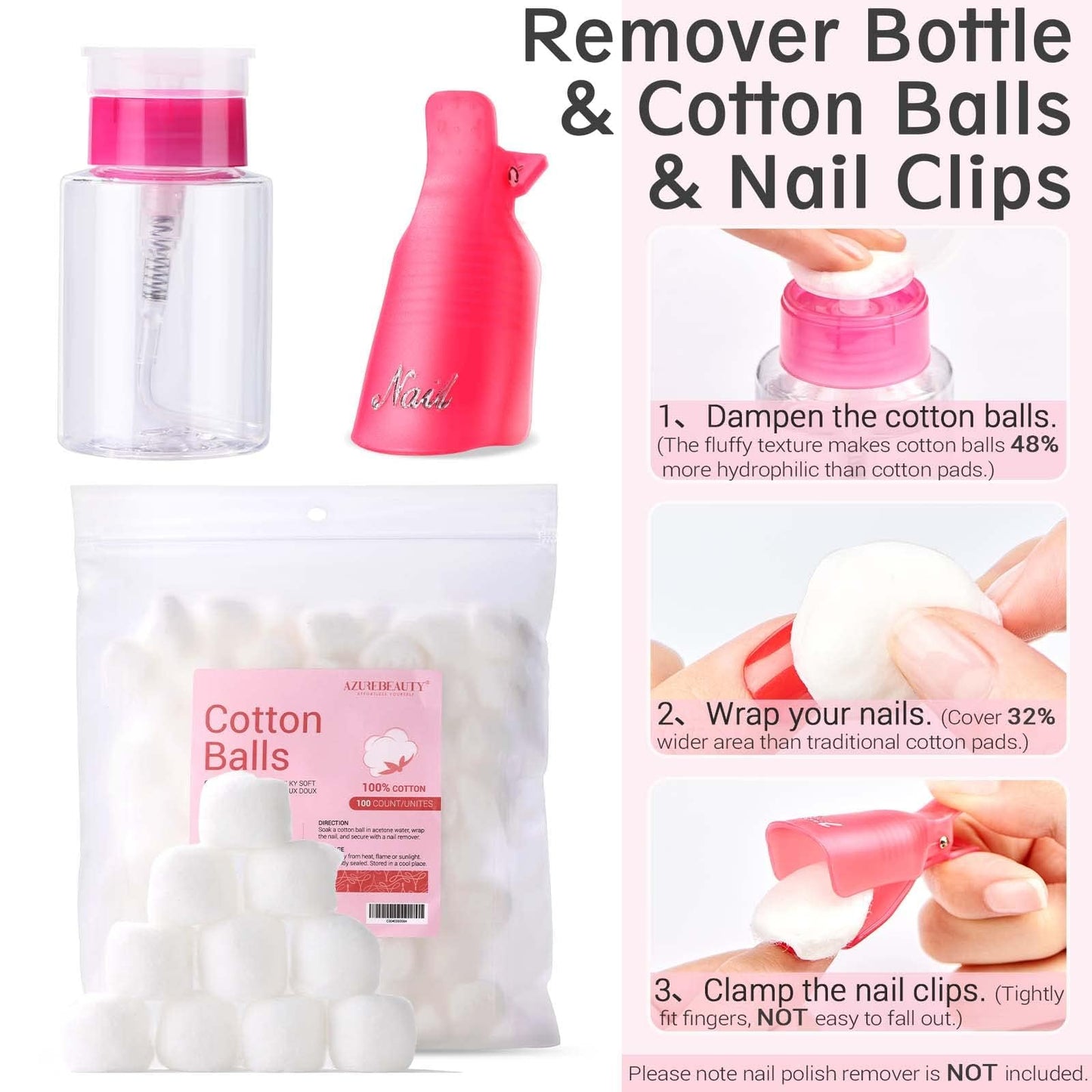 AZUREBEAUTY Nail Polish Gel Remover Tools Kit with 10 ml Cuticle Oil 10 PCS Nail Clips 150ml Remover Bottle Nail Remover Cotton
