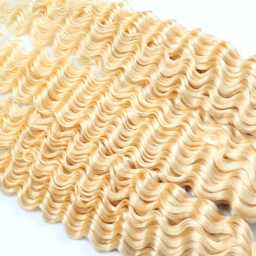 #613 Blonde Bundles Deep Wave Bundles Human Hair 30 32 34 Inch Unprocessed Brazilian Virgin Weave Hairs Honey Blonde 3 Bundle 50 Gram Per Bundle Human Hair Extensions
