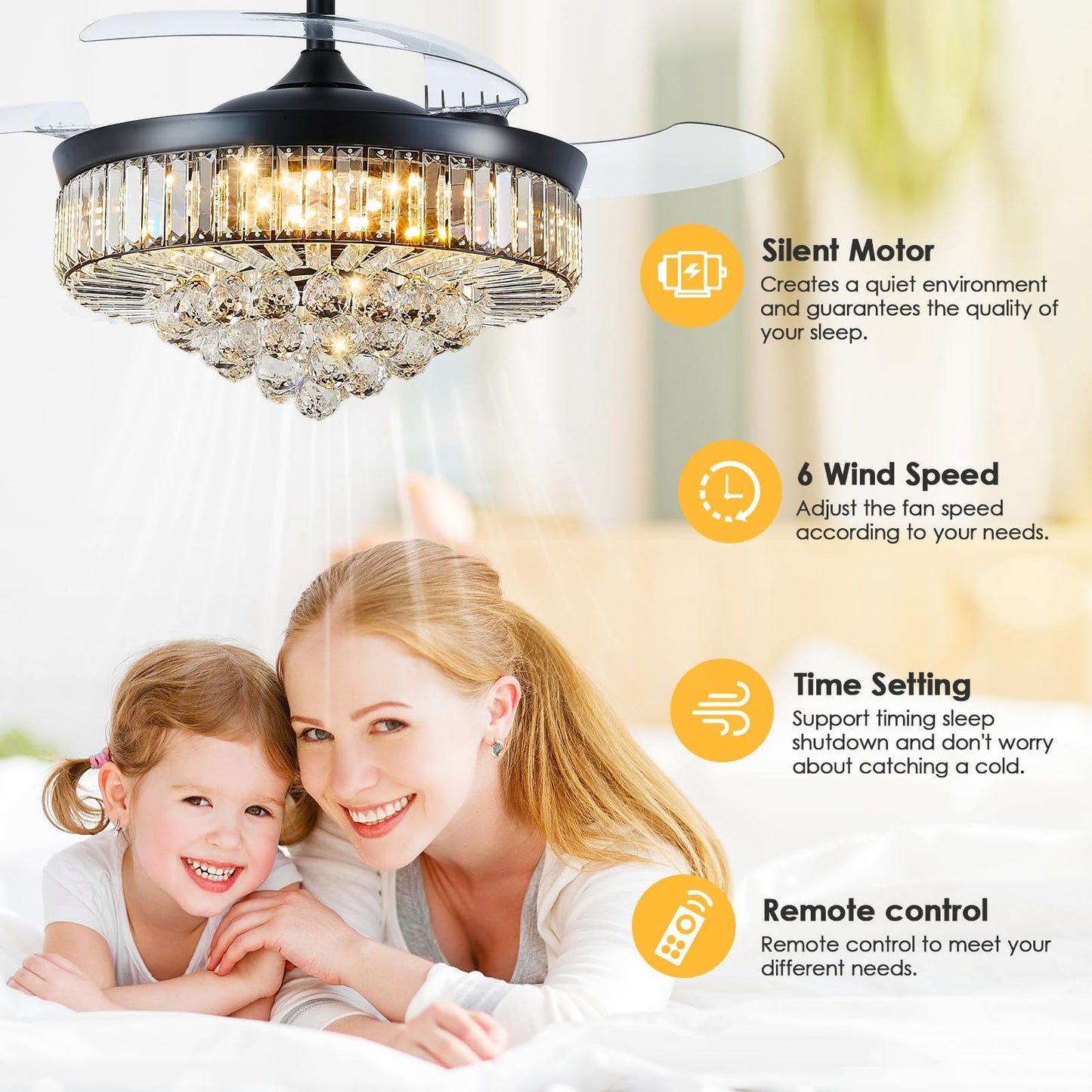 Asyko 48" Black Crystal Chandelier Ceiling Fans with Lights, Modern Retractable Blade Ceiling Fan Light with Remote and APP, Dimmable 3 Light Colors and Reversible Quiet DC Motor