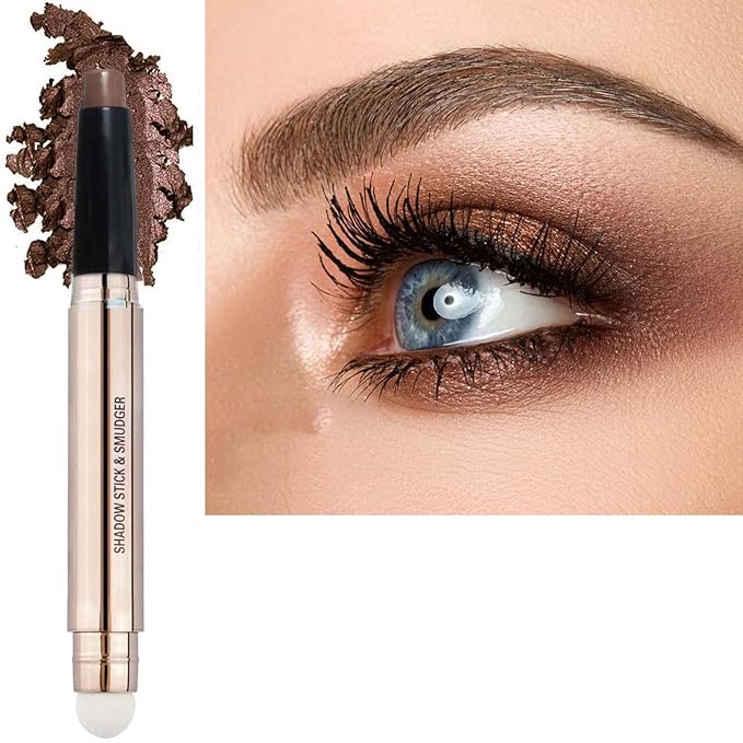 Brown Eyeshadow Stick and Sponge Makeup Brush Smooth Cream Shimmer Shadow Pencil Long Lasting Waterproof Eye Shadow Highlighter Stick Makeup Eye Liner Multi-Dimensional eyes Look