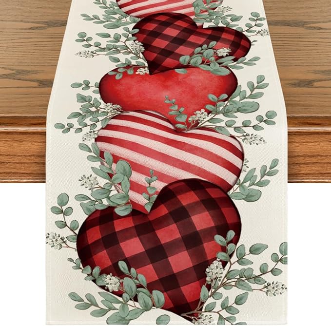 Artoid Mode Eucalyptus Hearts Valentine's Day Table Runner, Holiday Kitchen Dining Table Decoration for Home Party Indoor ...