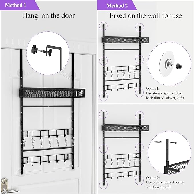 bukfen Adjustable Over the Door Hooks Organizer,Multi-Purpose Storage Organizer Over the Door Organizer with Shelf and Hooks,Hanging Door & Wall Mounted Coat Storage Rack for Bedroom,Bathroom,Kitchen