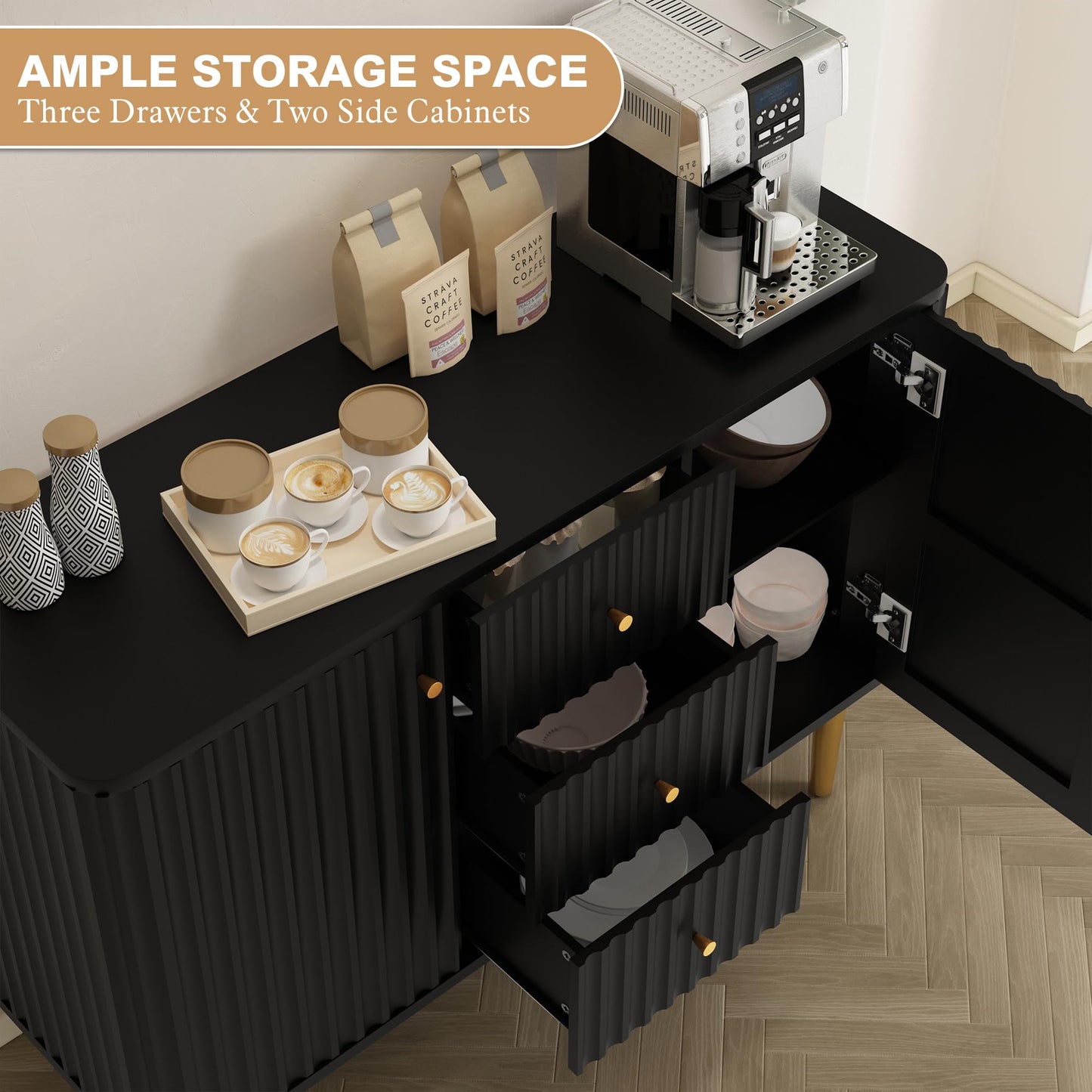 ARTPOWER Sideboard Buffet Cabinet with Drawers, 48" Fluted Accent Storage Cabinet, Modern Credenza for Entryway, Kitchen, Living Room, Black