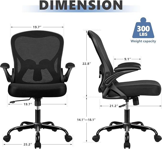 Winrise Office Chair Desk Chair, Ergonomic Mesh Computer Chair Home Office Desk Chairs, Swivel Task Chair Mid Back Breathable Rolling Chair with Adjustable Lumbar Support Flip Up Armrest (Black)