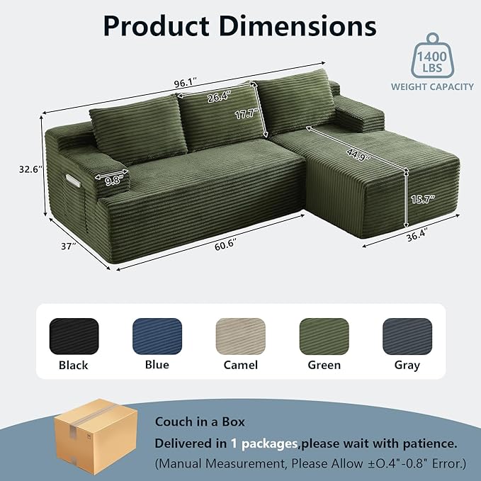96" Cloud Sectional Couch with L-Shape Chaise, Modern Corduroy Boneless Couch for Living Room,Memory Foam Sofa with Deep Seat,No Assembly Required (Green,Right-Facing Chaise)