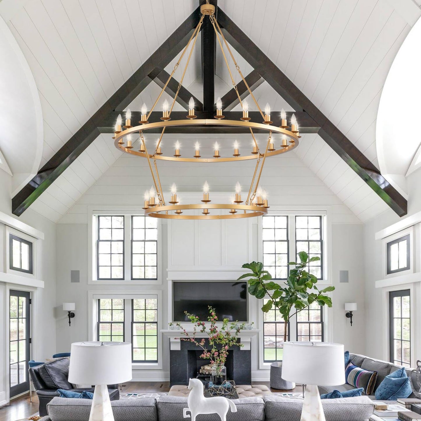 JKLX 48 Inch 2 Tier Gold Extra Large Wagon Wheel Chandelier 36-Lights Farmhouse Industrial Round High Ceiling Pendant Light Adjustable Chain, for Dining Room, Living Room
