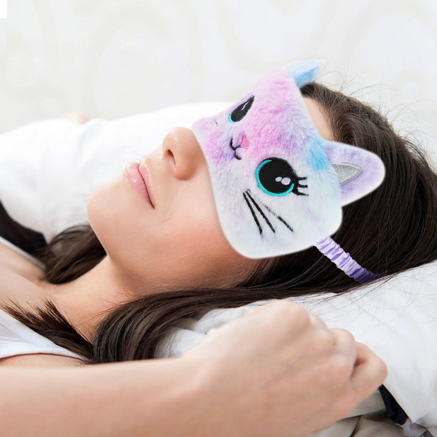 2 Pcs Plush Eye Mask Soft Sleeping Blindfold Eye Cover Comfortable Cute Animal Sleeping Mask Satin Nap Night Eyeshade Cover for Women Men Gift (Colorful, Cat Style)