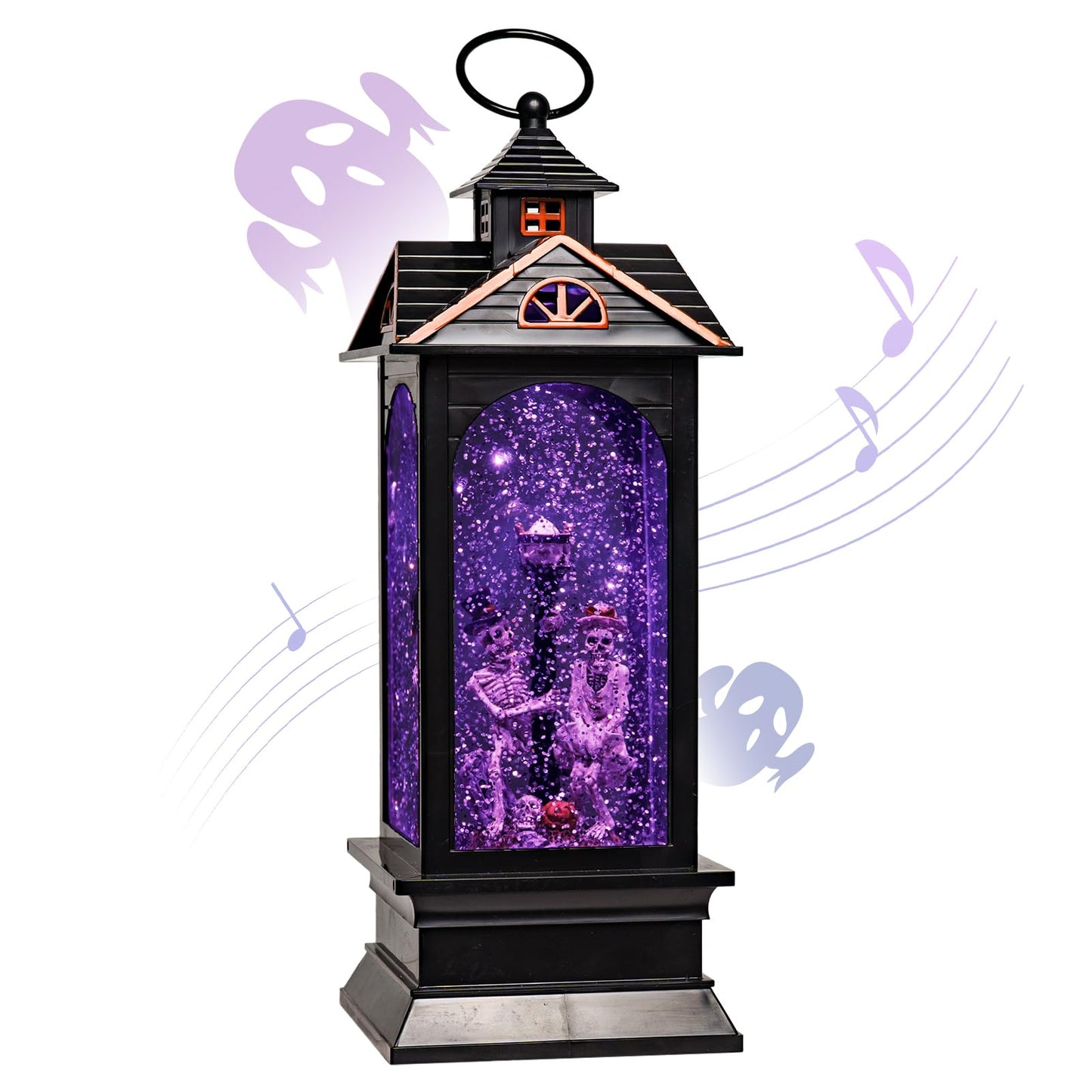 Halloween Snow Globe Lantern with Skull - Ghost Projection Water Lantern with Music - Skeleton Couple with Streetlight and Pumpkin Halloween Decoration for Home - USB or Battery Powered (Style 1)