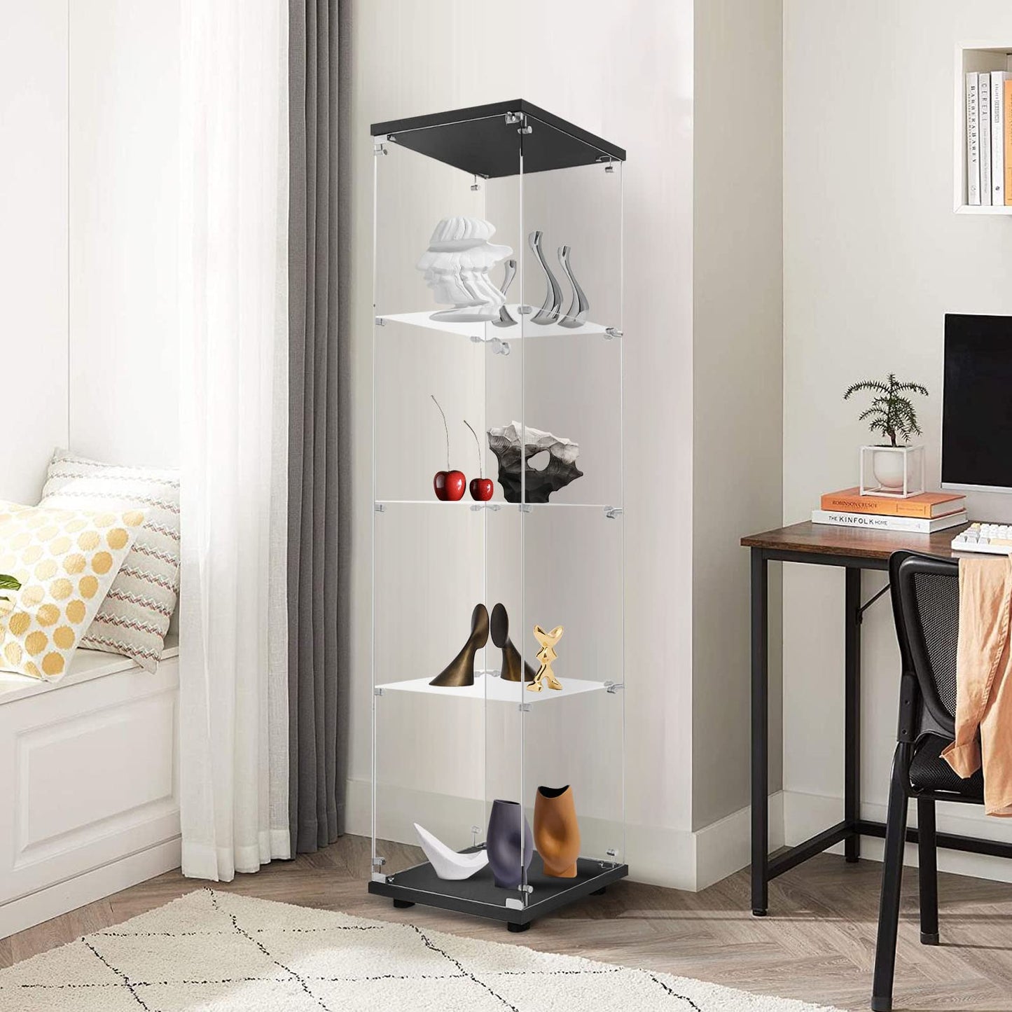 LFT HUIMEI2Y Glass Display Cabinet 4-Shelf with Door and Lock, Curio Cabinets Upgraded Quick-Install Style Tempered Glass Floor Standing Bookshelf for Bedroom, Living Room 65”x 17”x 14” Black