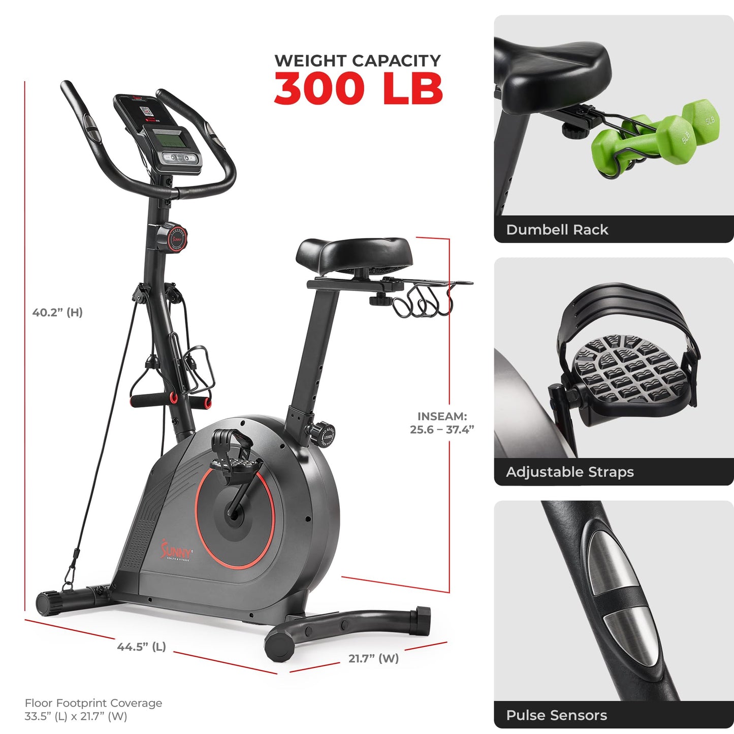 Sunny Health & Fitness Smart Exercise Bike w/Resistance Band, 300LB Capacity & 4-Way Adjustable Cushioned Seat, Home Cardio Cycling Machine for Full-Body Workout, Free SunnyFit App Bluetooth Connect