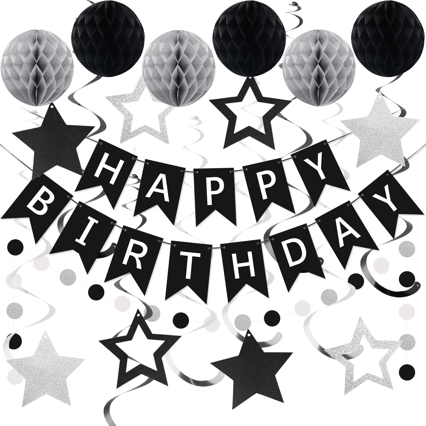 meowtastic Birthday Decorations, Happy Birthday Banner with Honeycomb Balls, Star Hanging Swirl Streamer, Circle Dot Garland, Happy Birthday Party Decoration for Women Men Boys Girls (Black & Silver)