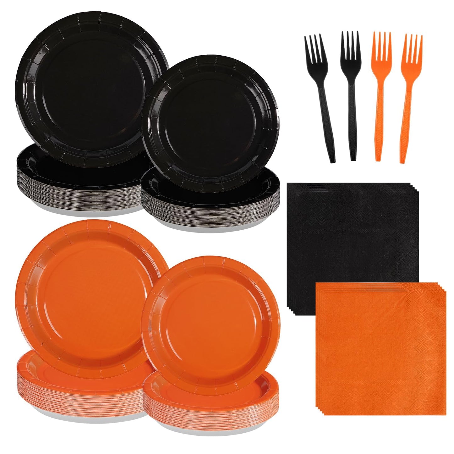 Grencian 96Pcs Orange and Black Party Decorations Orange and Black Plates and Napkins Disposable Paper Tableware Set for Birthday Wedding Baby Shower Fall Harvest Halloween Party Supplies, Serves 24