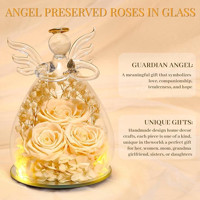 Beferr Valentines Day Rose Gifts for Her Women Mom Gifts for Birthday, Fresh Flowers for Delivery Forever Preserved Rose in Glass Angel Figurine, for Grandma Wife Daughter Girlfriend