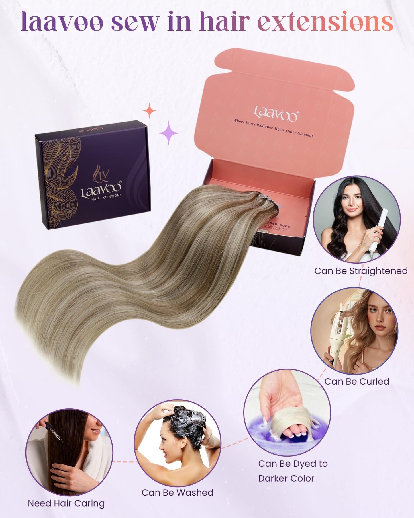 LaaVoo Weft Hair Extensions Human Hair Long Sew in Extensions for Women Soft Hair Wefts Human Hair Sew in Brown Highlight Platin