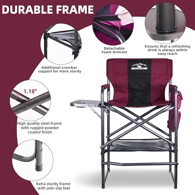 Tisetrail Tall Directors Chair 30" Seat Height, Bar Height Folding Chair with Side Table, Foldable Camping Chair with Side Pocket for Makeup Artist, Sports Event, Supports 400LBS - Wine Red/Black
