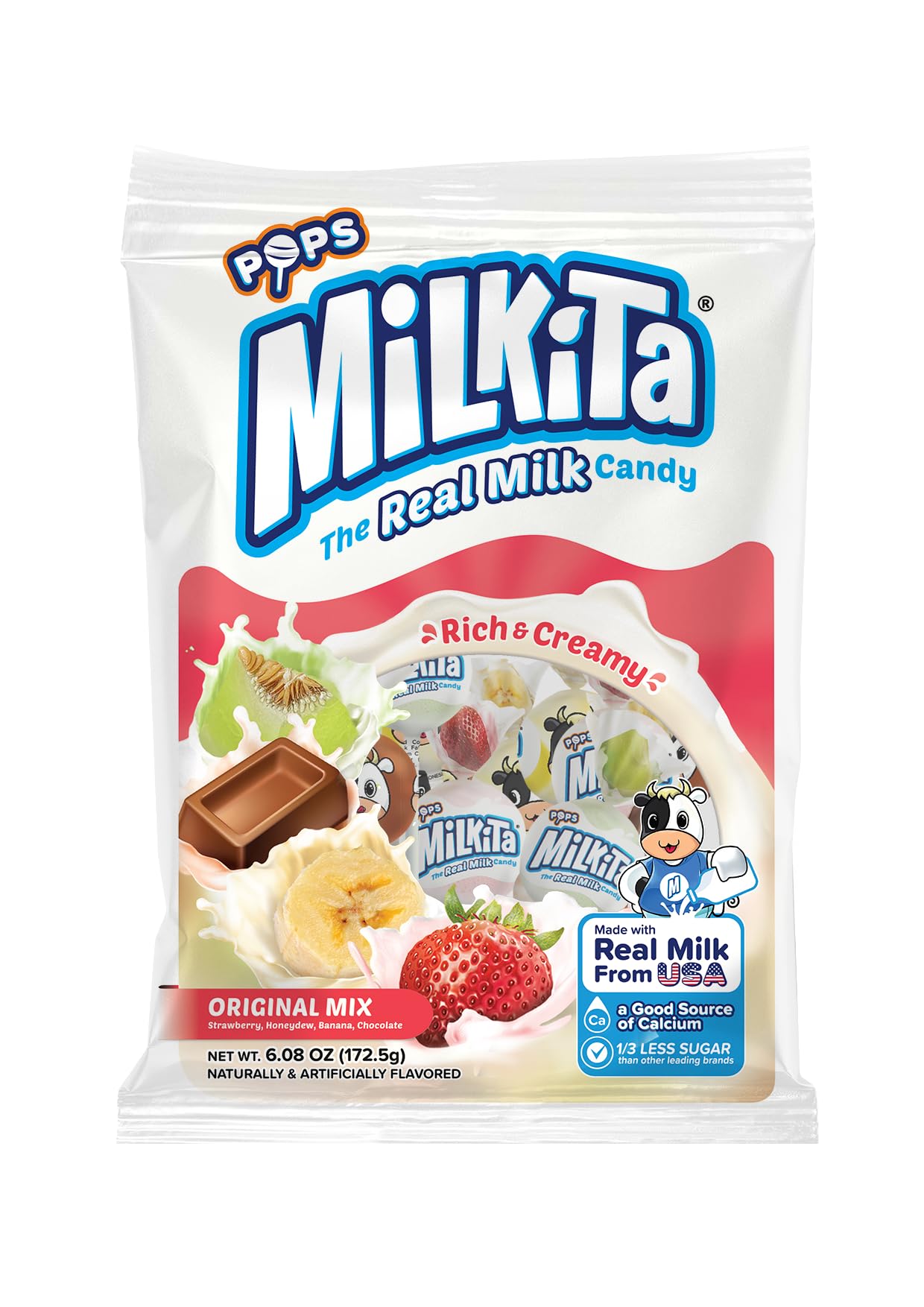 Milkita Creamy Shake Lollipop Bag, Gluten Free Chewy Candies with Calcium & Real Milk, Low-Sugar, Assorted Flavors (Strawberry, Chocolate, Honeydew, Banana), 15 Pcs