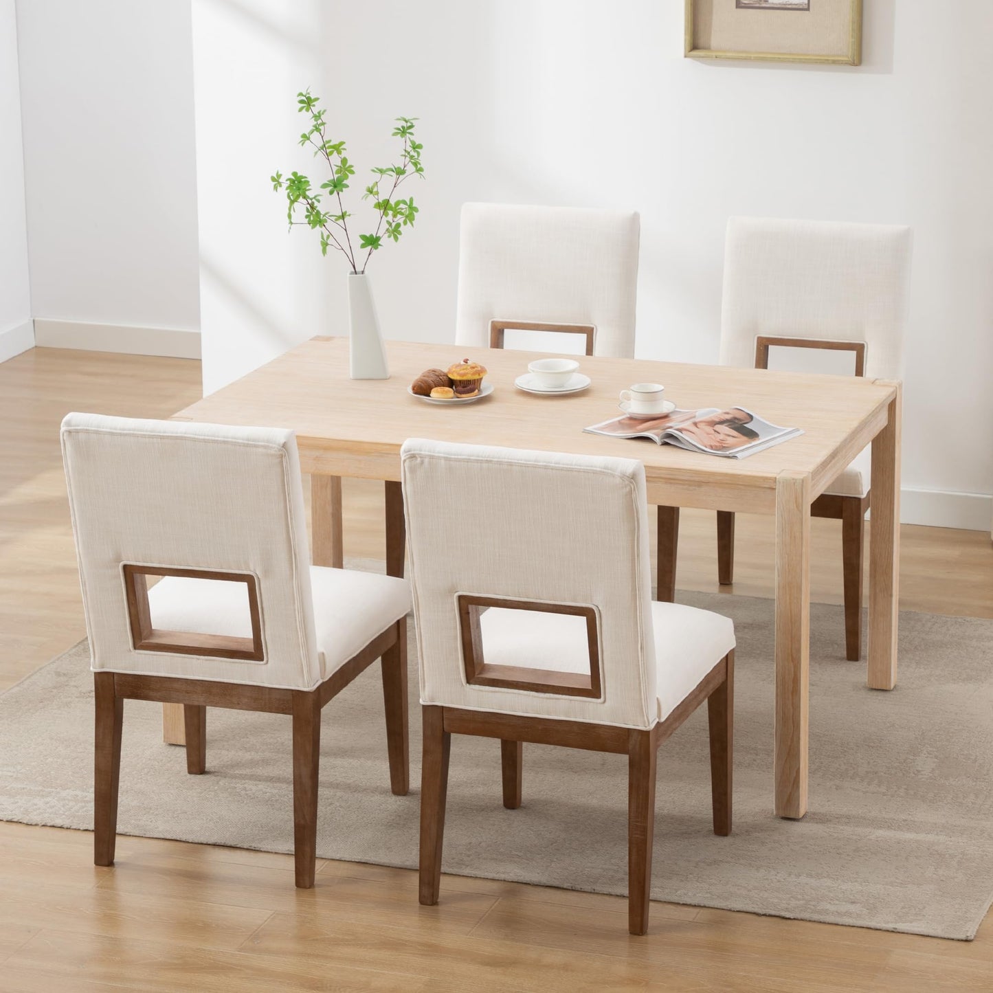 LZAREAL Modern Farmhouse Dining Chairs with Open Back Set of 4 Upholstered Linen Wood Dining Room Chair with Back Wooden Chairs for Restaurant Dining Room Kitchen, White