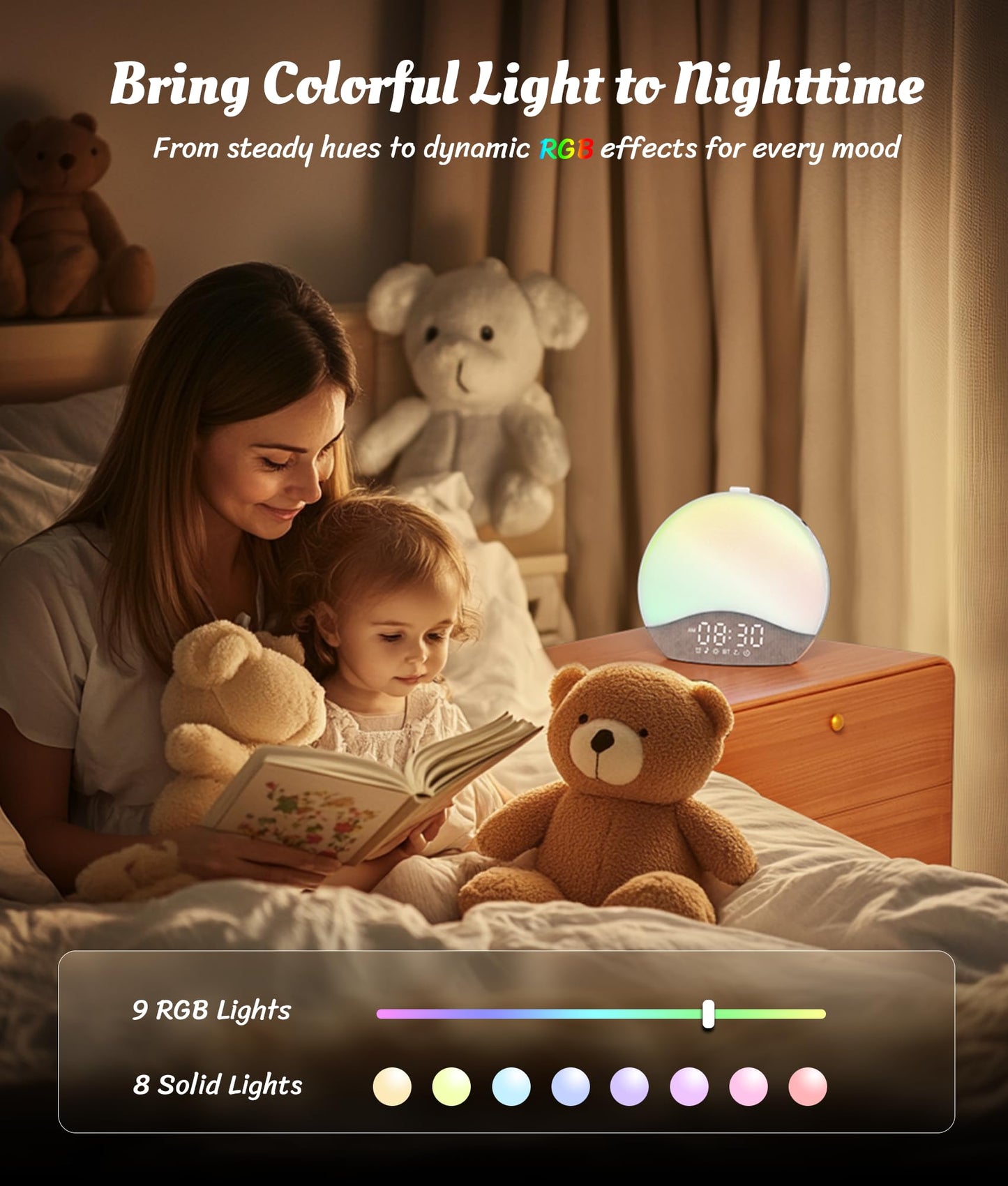 ecozy Sunrise Alarm Clock, White Noise Sound Machine, Alarm Clock for Bedrooms, 26 Soothing Sounds, 17 Night Lights, Bluetooth Speaker, Wake Up Sunlight for Heavy Sleepers, Adults, Kids