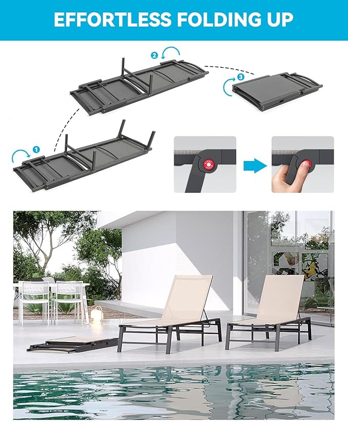 FHVIT Aluminum Chaise Lounge Chair Outdoor, Foldable Patio Lounge Chair Assemble-Free, Pool Lounge Chairs with 5 Adjustable Backrest, Outdoor Lounge Chairs for Outside Poolside Beach Lawn Beige